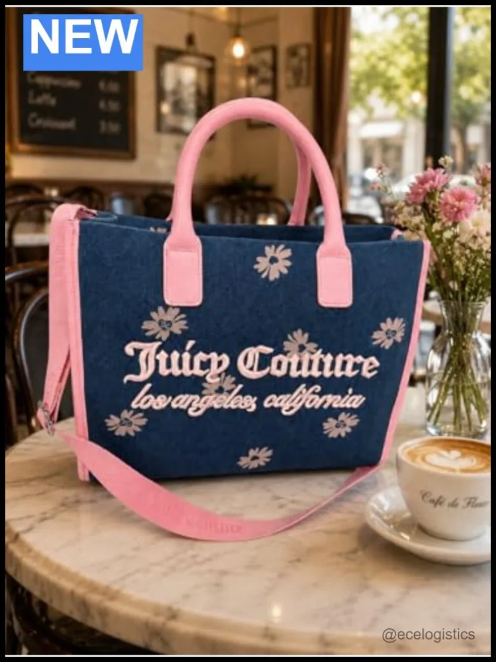 Denim Tote Bag with Floral Print & Removable Strap